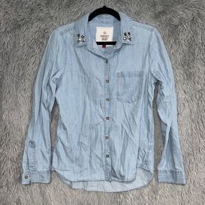 SO Perfect Shirt Light Blue Denim‎ Button Down Embellished Collar Long Sleeve M